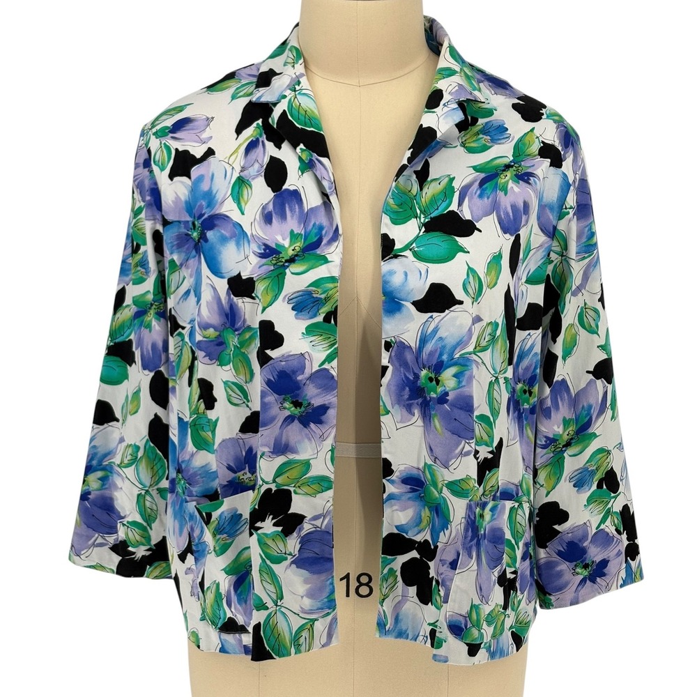 Erin London Open Front Jacket Floral Purple‎ Blue Green Stretch 3X